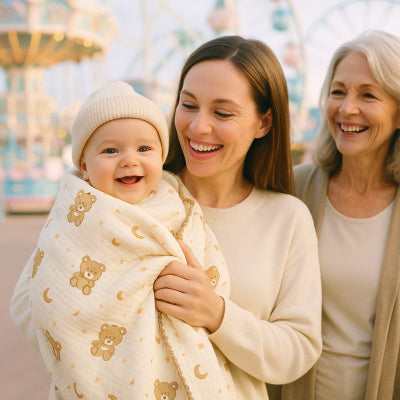 Bébé bras maman sous couverture nomade design koala sèche rapidement promenade parc attraction famille