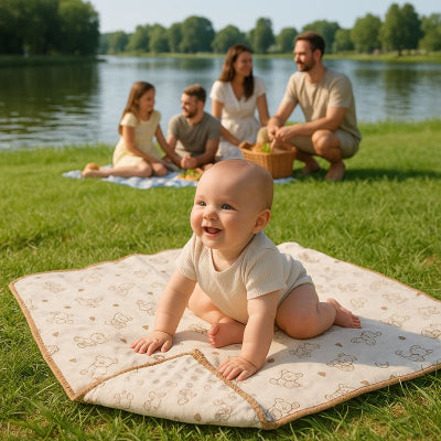 Bébé jouant couverture nomade design nounours pique-nique lac famille