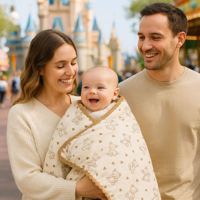 Bébé sous couverture nomade design nounours enveloppante porté bras maman parc attraction