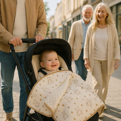Bébé poussette couverture nomade design nounours promenade ville famille