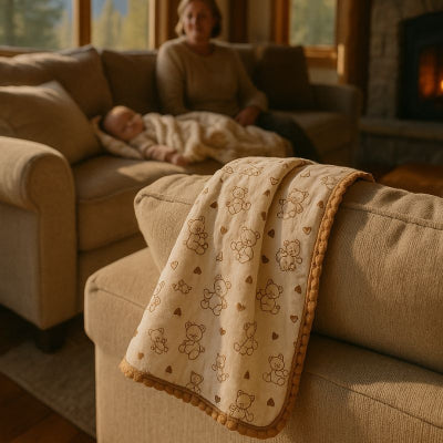 Bébé sieste couverture nomade design nounours saisons douces maison campagne grand-mère