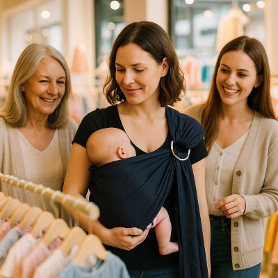 Maman portant bébé dans echarpe de portage naissance design noir coton-polyester promenade magasin famille