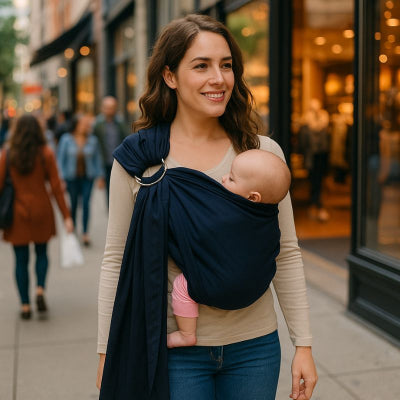 Maman portant bébé dans echarpe de portage naissance design noir finitions soignées promenade magasins ville