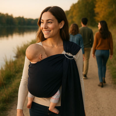 Maman portant bébé dans echarpe de portage naissance design noir soyeuse promenade campagne amis