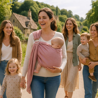 Maman porte bébé dans echarpe de portage pour nouveau né rose coton polyester promenade village amies