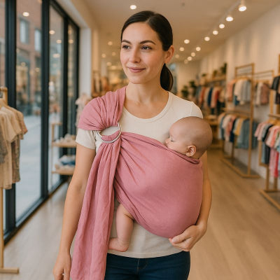 Maman porte bébé dans echarpe de portage pour nouveau né rose facile à installer promenade magasin vêtements ville