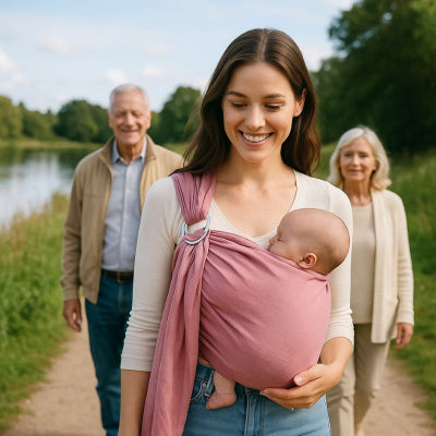 Maman porte bébé dans echarpe de portage pour nouveau né rose mains libres promenade campagne famille