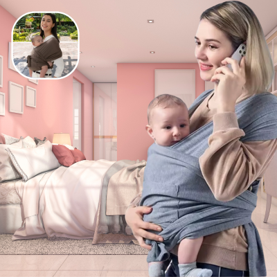 Maman-dans-sa-chambre-portant-son-bébé-reposé-dans-son-echarpe-porte-bebe-gris-foncé-respirante-souple-design.