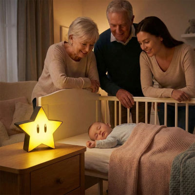 Bebe endormi avec etoile lumineuse bebe design 3D jaune chaleureux