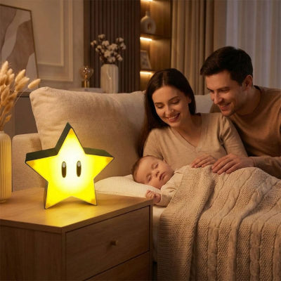 Bébé endormi avec etoile lumineuse bebe design 3D jaune relaxant