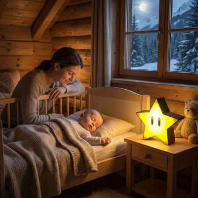 Bébé endormi avec etoile lumineuse bebe design 3D jaune tendre chalet