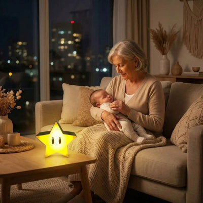 Bébé endormi avec etoile lumineuse bebe design 3D jaune tranquilisant appartement famille
