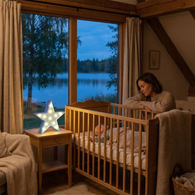 Bébé dort chambre etoile lumineuse bebe design bleu 5 branches apaisante maison campagne 