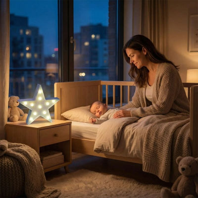 Bébé dort lit etoile lumineuse bebe design bleu 5 branches chaleureuse appartement ville