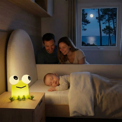 Bébé dort chambre grenouille veilleuse design rigolo vert reconfortante mobil-home vacances