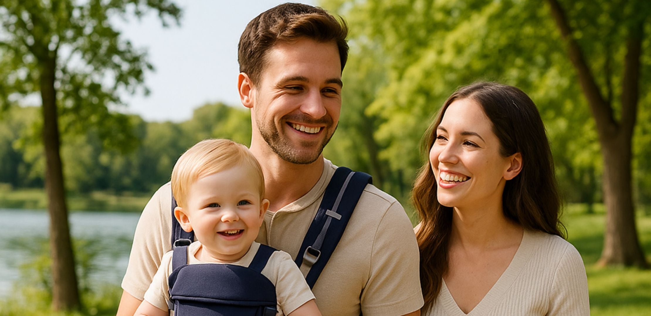 Papa promenade parc portant bebe dans porte bebe