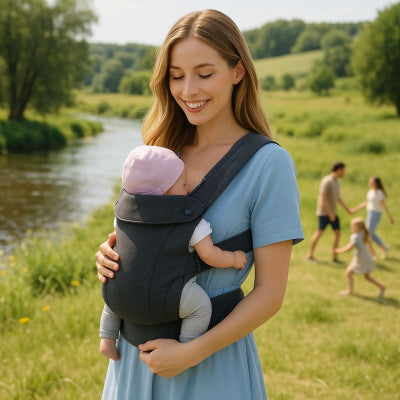 Maman bébé porte bebe des la naissance design gris foncé lavable promenade rivière famille	