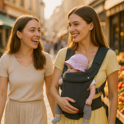 Maman bébé porte bebe des la naissance design gris foncé morphologie maman amie promenade marché ville 