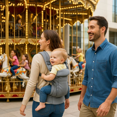 Maman bébé porte bébé dorsal design élégant gris protection nuque promenade manège ville famille