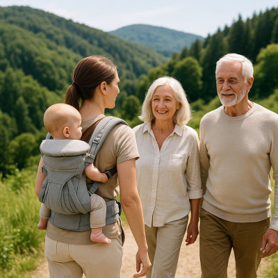 Maman bébé porte bébé dorsal design élégant gris sangles réglables promenade collines famille