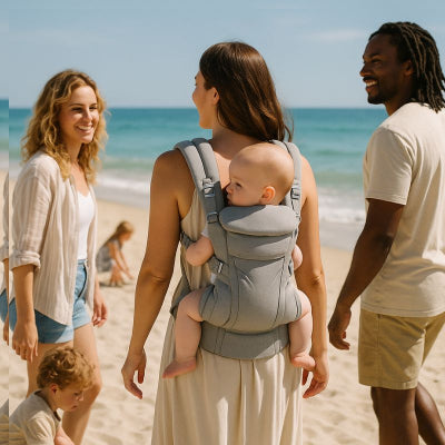 Maman bébé porte bébé dorsal design élégant gris toutes morphologies promenade plage amis