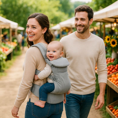 Maman bébé porte bébé dorsal design élégant gris toutes saisons marché campagne famille