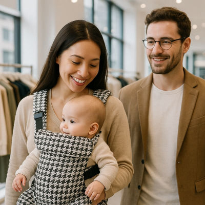Maman bébé porte bebe naissance noir pied de poule finitions soignées magasin ville avec papa