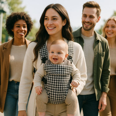 Maman bébé porte bebe naissance noir pied de poule mignon promenade parc amis
