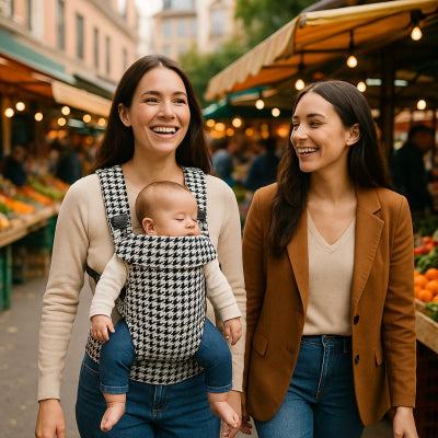 Maman bébé porte bebe naissance noir pied de poule réglable promenade marché ville amie