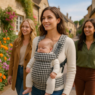 Maman bébé porte bebe naissance noir pied de poule respirant promenade village fleuri amies