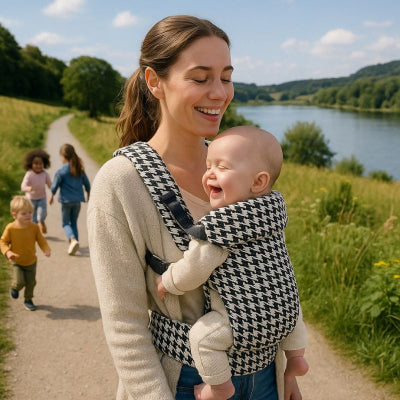 Maman bébé porte bebe naissance noir pied de poule bébé sangles ajustables balade campagne rivière avec enfants jouant