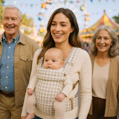 Maman bébé porte-bébé nouveau-né design pied-de-poule finitions soignées maman famille parc d'attraction