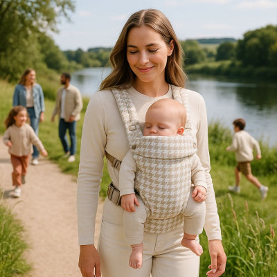 Maman bébé porte-bébé nouveau-né design pied-de-poule mains libres promenade famille rivière