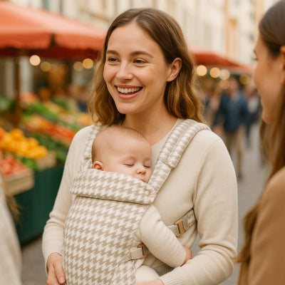 Maman bébé porte-bébé nouveau-né design pied-de-poule protection nuque marché ville amies 