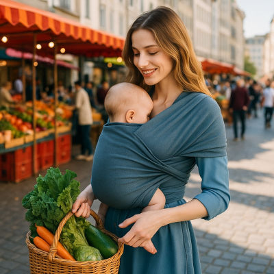 Maman bébé porte echarpe bebe design gris fonce facile à installer promenade marché ville
