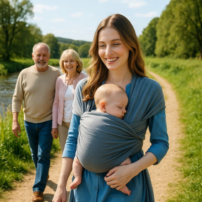 Maman bébé porte echarpe bebe design gris fonce légère promenade campagne famille