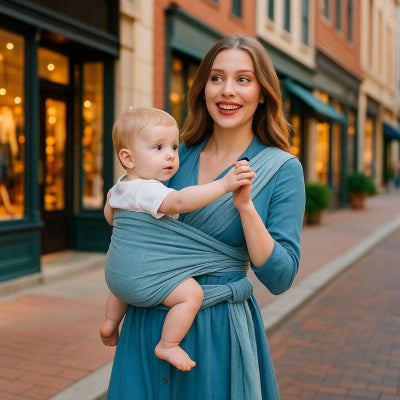 Maman bébé porte echarpe bebe design gris fonce toute morphologie promenade magasin
