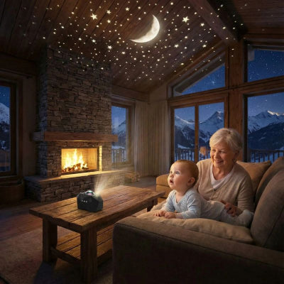 Bébé regarde projecteur etoile bebe noir design coeur compact robuste salon chalet montagne famille