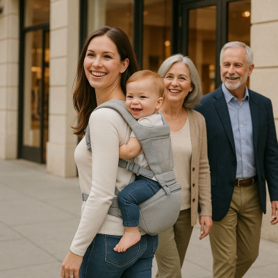 Maman portant bébé sac à dos porte bébé gris lavable promenade ville famille