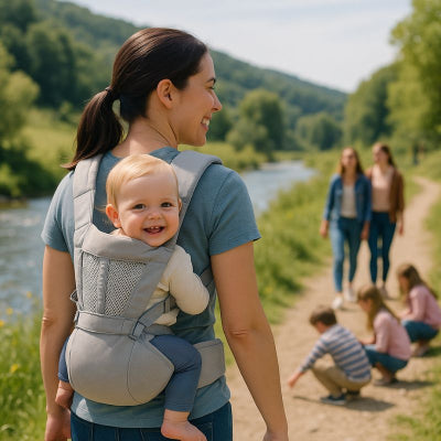 Maman portant bébé sac à dos porte bébé gris répartion poids épaule balade campagne colline