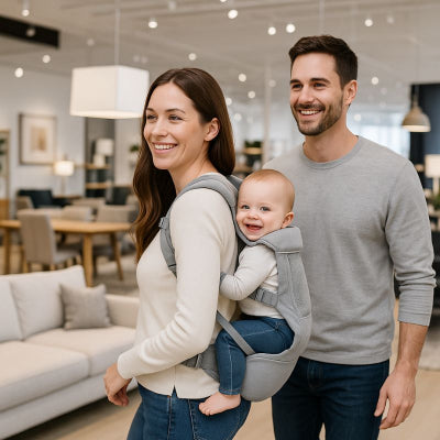 
Maman portant bébé sac à dos porte bébé gris respirant doux magasin ville accompagné papa
