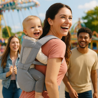 Maman portant bébé sac à dos porte bébé gris toutes saisons balade parc attraction amis
