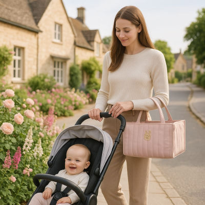Maman promenade poussette portant sac à langer bébé fille rose design tête ours féminin village
