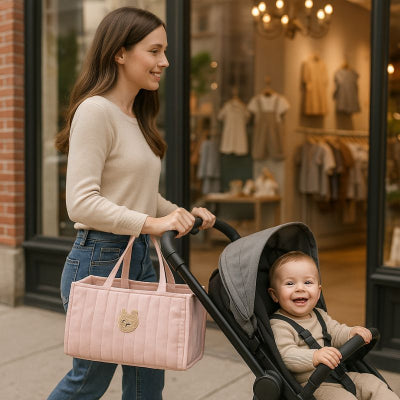 Maman promenade poussette portant sac à langer bébé fille rose design tête ours fibres synthétiques magasin ville
