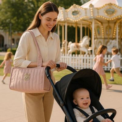Maman promenade poussette portant sac à langer bébé fille rose design tête ours matelassé manège ville