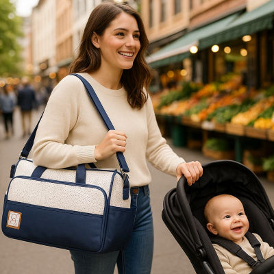 Maman promenade poussette portant sac à langer bébé garçon design bleu lavable marché ville