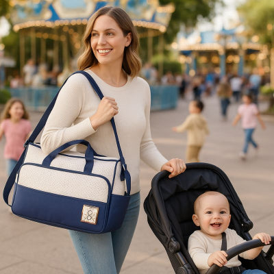 Maman promenade poussette portant sac à langer bébé garçon design bleu portage épaule parc attraction