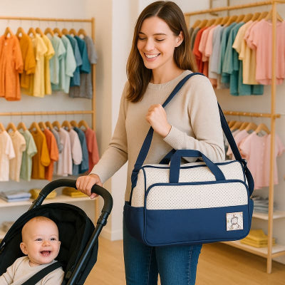 Maman promenade poussette portant sac à langer bébé garçon design bleu taille adaptée magasin vêtement ville