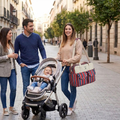 Maman sac a langer de luxe beige rayures poches exterieures promenade ville amis