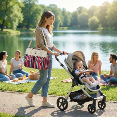 Maman sac a langer de luxe beige rayures résistant facile à nettoyer promenade parc